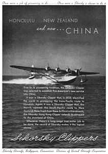 1930-е годы. Реклама пассажирских трансконтинентальных рейсов Sikorsky S-42 в тихоокеанском регионе