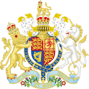 Det kongelige våpenet til Georg VI brukt i Det forente kongerike Storbritannia og Nord-Irland (unntatt Skottland)