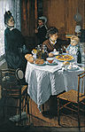 The Luncheon, 1868, Städel, which features Camille Doncieux and Jean Monet, was rejected by the Paris Salon of 1870 but included in the first Impressionists' exhibition in 1874.[32]