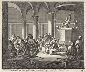 Павел Самосатский проповедует раннехристианской общине. Гравюра Яна Лейкена, 1700 год.