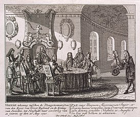 Подписание мирного договора в Ништадте 30 августа 1721 года. Гравюра Питера Шенка — младшего. 1721