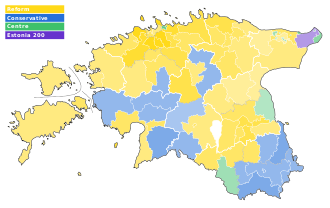 A map of the results of the 2023 Estonian parliamentary election by municipalities