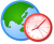 Graphic of a globe with a red analog clock