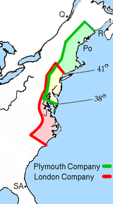 Карта территорий, права на которые Яков I передал Виргинской компании. Колония Попема отмечена как «Po».