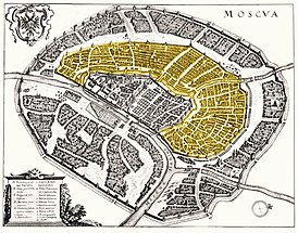 Белый город на плане Мериана (1638) выделен жёлтым цветом.