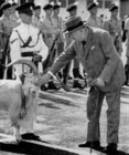 Уинстон Черчилль гладит Билли в аэропорту Ямайки. Декабрь 1953 года