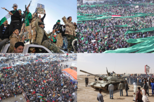 Сверху вниз, слева направо: Проправительственные ополченцы; Проправительственные протестующие, собравшиеся на Зелёной площади, ныне известной как Площадь мучеников; Антиправительственные протестующие в Бенгази; Ливийские повстанцы на захваченном танке Т-55.