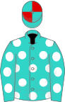 Turquoise, white spots, turquoise and red quartered cap