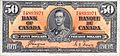A Bank of Canada 1937-es szériájú 50 dolláros bankjegye VI. György portréjával.