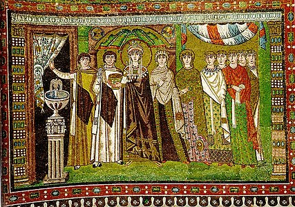 Императрица Феодора со свитой. Мозаики церкви Сан-Витале. Равенна. Ок. 547