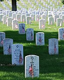 Gravestones at Arlington National Cemetery decorated with U.S. flags on Memorial Day.