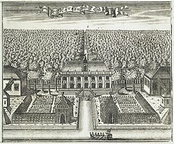Вид на Екатерингоф. Клеймо гравюры "Панорама Санкт-Петербурга". 1716. Офорт, резец