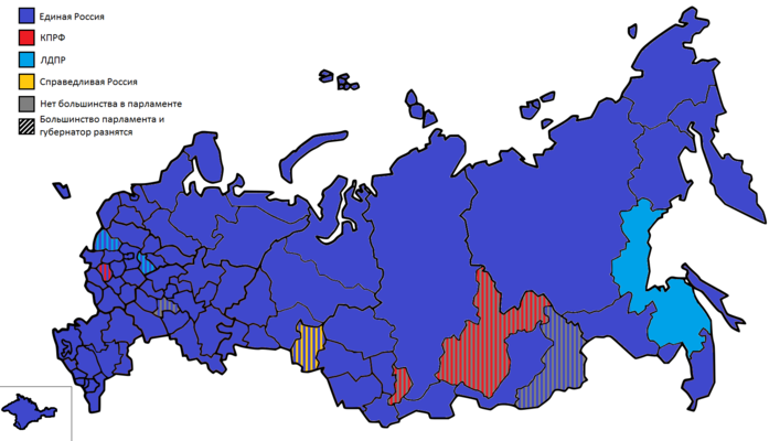 Карта партийной принадлежности губернаторов и партий с большинством в региональных парламентах после выборов в сентябре 2019 года.