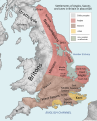 Южная Великобритания в 600 году н. э. после англосаксонского поселения, показывающая разделение Англии на несколько мелких королевств.