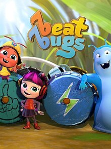 Three 3-d animated anthropomorphic bugs standing next to bottle caps that are their height. The text "beat bugs" in colorful bubble letters with the "b"s drawn to resemble quarter notes is above them.