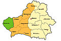 БССР в 1946 после передачи Белостокской области и частей Гродненской и Брестской области Польской Народной Республике (отмечено зелёным).