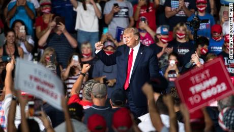 President Donald Trump addresses the crowd during a campaign rally at Smith Reynolds Airport on September 8, 2020 in Winston Salem, North Carolina. The president also made a campaign stop in South Florida on Tuesday. 