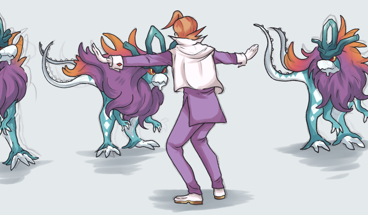 pokemondescribed:
“justmyfreakstuff:
“Have someone made this yet
”
[ID: Fanart of the Pokemon trainer Eusine and three Walking Wakes.
Eusine stands, knees slightly bowed, arms straight out with his palms up. He faces away from the viewer.
Three...