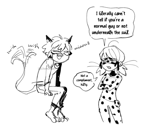 ID: A doodle of Cat Noir and Ladybug. He is perched up on an undrawn fence or wall of some kind, his tail swishing, while Ladybug has her arms crossed. She is unimpressed as she says, "I literally can't tell if you're a normal guy or not underneath the suit." Cat meows mischievously in response. Ladybug clarifies, "Not a compliment, kitty." End ID