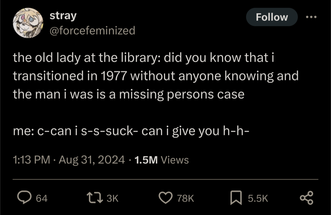 the old lady at the library: did you know that i transitioned in 1977 without anyone knowing and the man i was is a missing persons case me: c-can i s-s-suck- can i give you h-h-