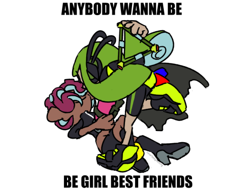 Agent 3 and Agent 8 fighting with overlaid text that says "Anybody wanna be girl best friends"