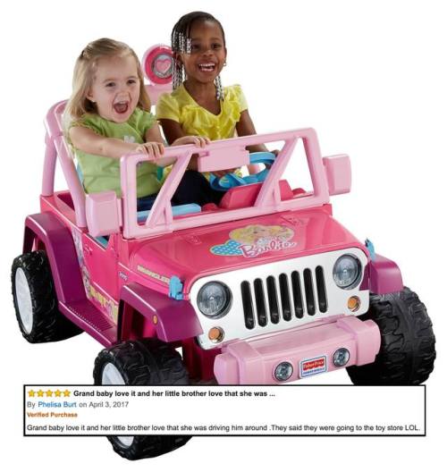 It’s never too late to own a Power Wheels Barbie Jammin Jeep Wrangler• Doors open and close for easy in & out
• Pretend radio with six jammin’ tunes
• 2.5 and 5 mph (4 and 8 km/h) max. forward; 2.5 mph (4 km/h) max. reverse
• Requires 3 AA batteries...