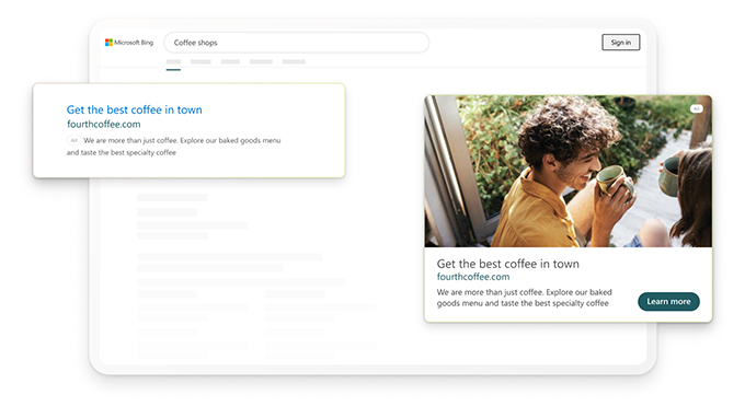 Search Ads appearing on a ‘coffee shops’ related Bing search results page.