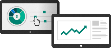 Illustration of monitors displaying a pie chart and data graph.