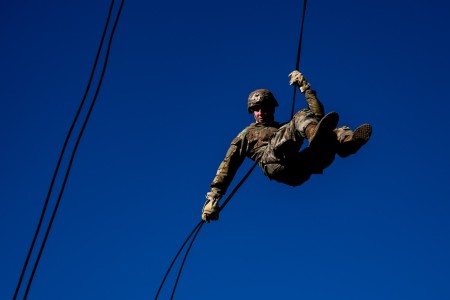 A U.S. Army Soldier assigned to the 95th Chemical Company, 17th Combat Sustainment Support Battalion, 11th Airborne Division, practices rappelling techniques at Joint Base Elmendorf-Richardson, Alaska, Oct. 20, 2023. This event was the first time...