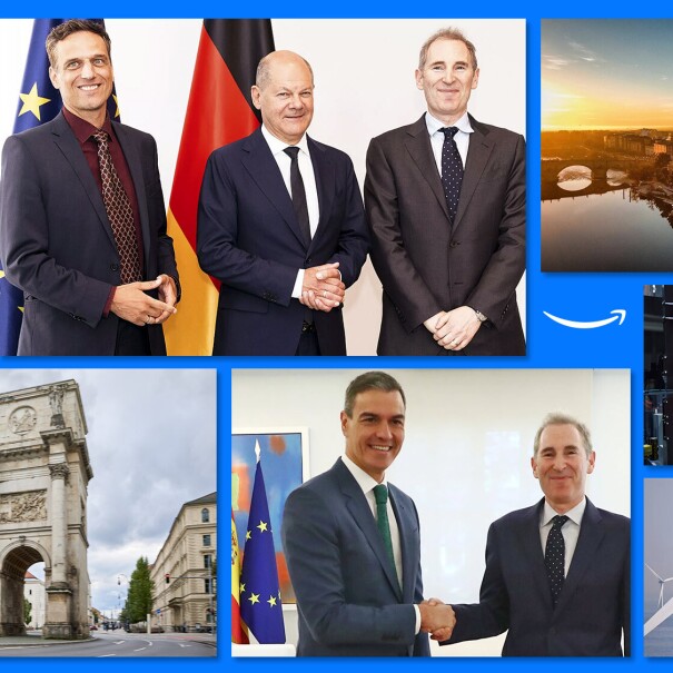 Collage de fotos sobre las inversiones de Amazon en Europa.