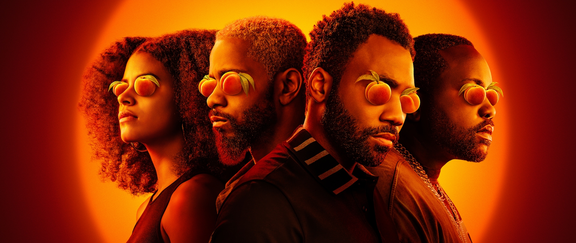 Cast of FX's Atlanta with peaches overlayed on their eyes and orange sun glowing behind them