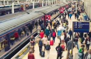 Crowded train station platform in the UK