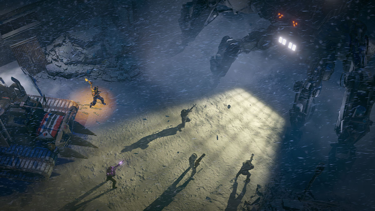 Wasteland 3, μια μάχη που λαμβάνει χώρα σε πυκνό χιόνι.