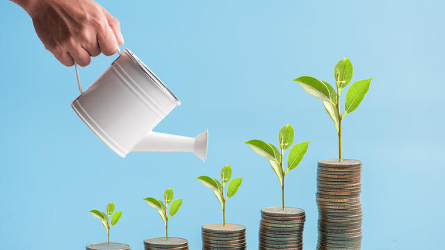 Hand Watering on Money coin stack growing graph with blue pastel background,Plant growing on dollars gold coin.Business Finance and Money investment concept. 