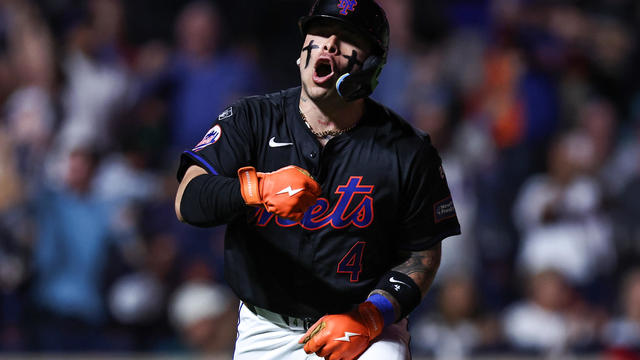 Francisco Alvarez #4 of the New York Mets reacts after hitting a three-run home run during the fourth inning of the game against the Philadelphia Phillies at Citi Field on September 19, 2024 in New York City. 