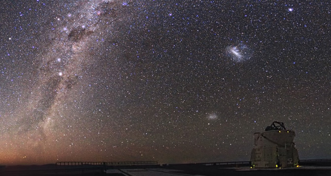 A photo of the Southern Hemisphere with stars and two Magellanic Clouds