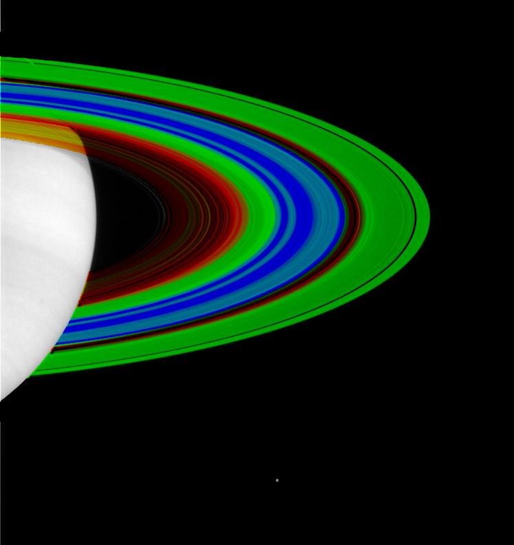 The rings of Saturn in colors of Green Blue and red to depict how cold they are.