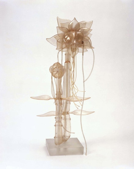 Lee Bontecou, <cite>Untitled,</cite> 1967, vacuum-formed plastic, plastic tubing, and frosted acrylic, 27 x 15 x 9 inches. Courtesy of Knoedler & Company.