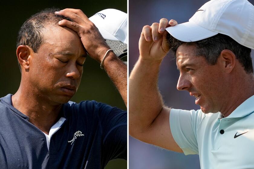 A split image of Tiger Woods on the left and Rory McIlroy on the right