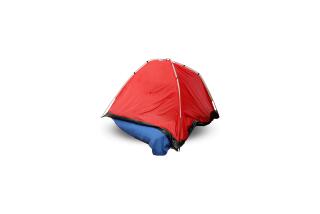 A red tent on top of a blue mattress
