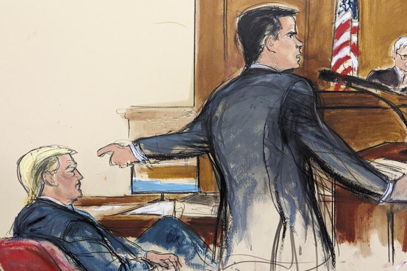 This artist depiction shows defense attorney Todd Blanche pointing at former President Donald Trump while giving his opening statement to the jury in Manhattan criminal court Monday, April 22, 2024, in New York. (Elizabeth Williams via AP)