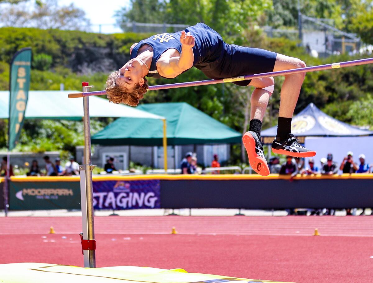 Sophomore JJ Harel of Sherman Oaks Notre Dame clears the bar during one of his attempts at the Division 3 championships.