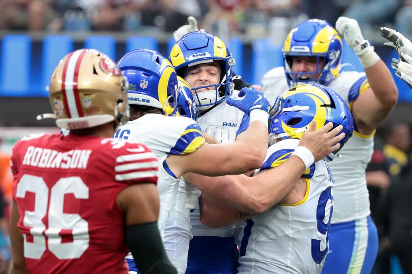 Inglewood, California September 22, 2024-Rams kicker Joshua Karty kicks.