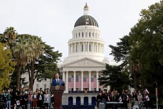 SACRAMENTO, CA - JANUARY 06: Gov. Gavin Newsom gives the inaugural address after taking the oath of office being sworn in by Chief Justice Patricia Guerrero, at his inauguration ceremony at the Capitol Mall on Friday, Jan. 6, 2023 in Sacramento, CA. Gov. Gavin Newsom celebrated the start of his second term Friday on the second anniversary of the attack on the U.S. Capitol. The Inauguration of Governor Gavin Newsom, Fortieth Governor of the State of California. Swearing-in Ceremony and Inaugural Address inauguration. (Gary Coronado / Los Angeles Times)