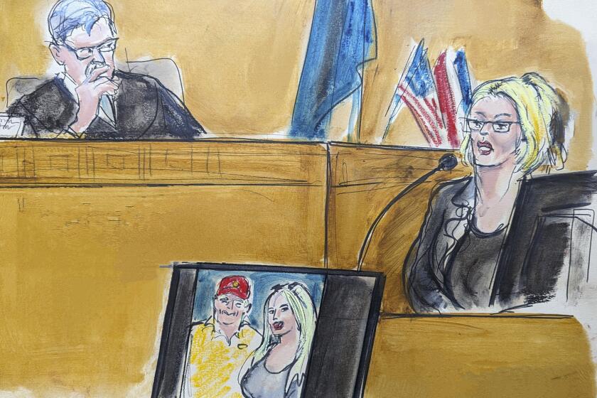 In this courtroom sketch, Stormy Daniels testifies on the witness stand as Judge Juan Merchan looks on in Manhattan criminal court, Tuesday, May 7, 2024, in New York.. A photo of Donald Trump and Daniels from their first meeting is displayed on a monitor. (Elizabeth Williams via AP)
