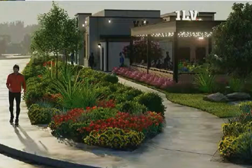 A simulation of a 1,303-square-foot outdoor dining patio proposed for a new Raising Cane's in Costa Mesa.