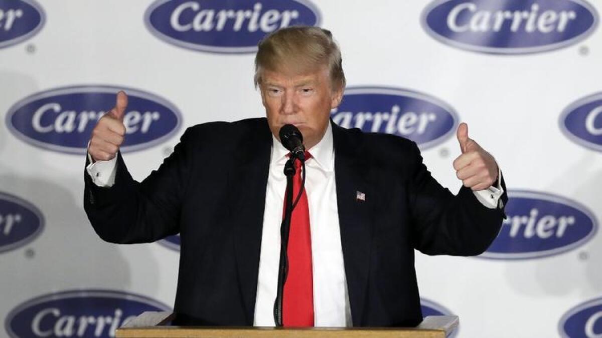 President-elect Donald Trump announcing a job-saving deal with Carrier Corp. on Dec. 1 in Indianapolis.