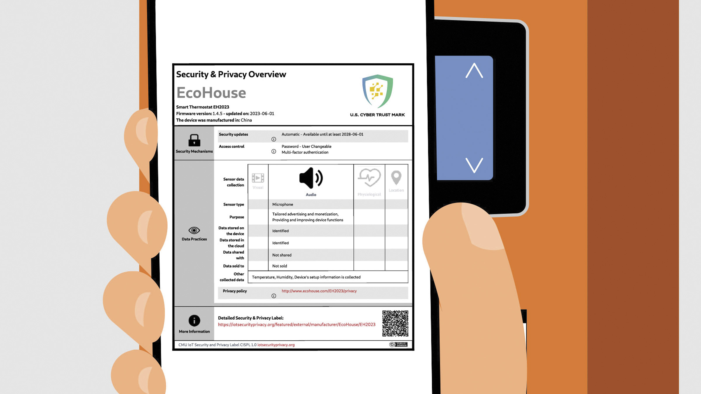 hand holds smartphone that displays a U.S. Cyber Trust info label, illustration