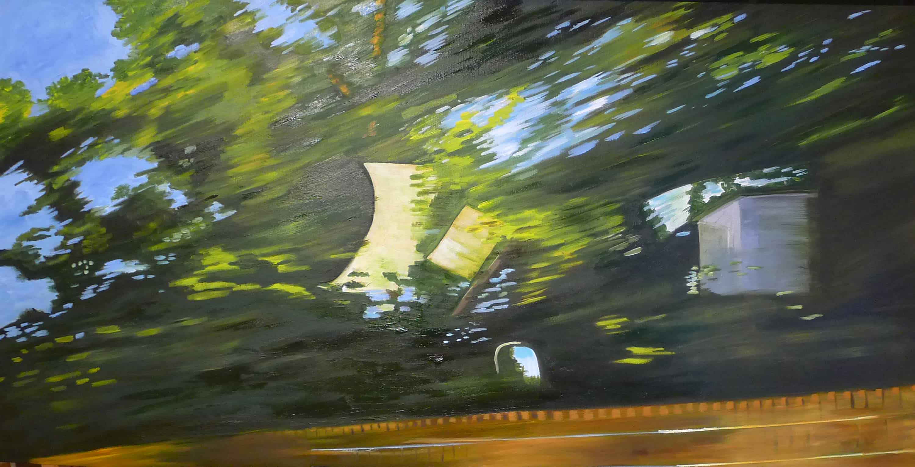 Oil on canvas. I paint on a canvas that has been underpainted in a Burnt Umber.  The painting is from a photograph that I have taken while travelling in some sort of moving vehicle i.e. car, train, bus.  The reflections from inside the moving vehicle often appear in the painting, so that the inside of the vehicle is juxtaposed over the outside.  When there is compositional element in the photograph that captures my imagination, I choose that photograph to paint from. SOmetimes I add or and delete items to the composition.