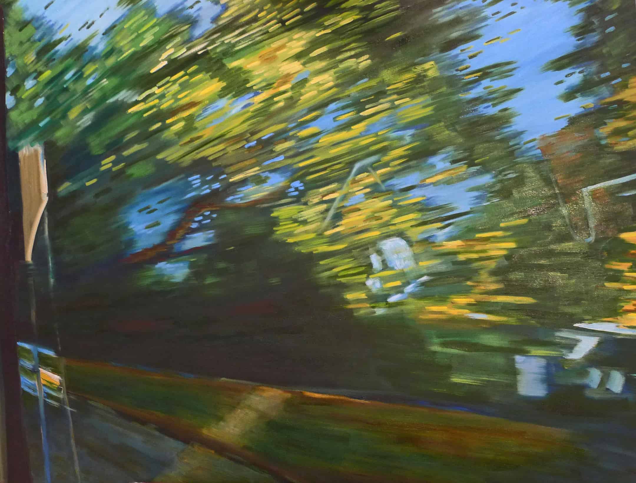 I paint in oil on a canvas that has been underpainted in a Burnt Umber.  The painting is from a photograph that I have taken while travelling in some sort of moving vehicle i.e. car, train, bus.  The reflections from inside the moving vehicle often appear in the painting, so that the inside of the vehicle is juxtaposed over the outside.  When there is compositional element in the photograph that captures my imagination, I choose that photograph to paint from. SOmetimes I add or and delete items to the composition.